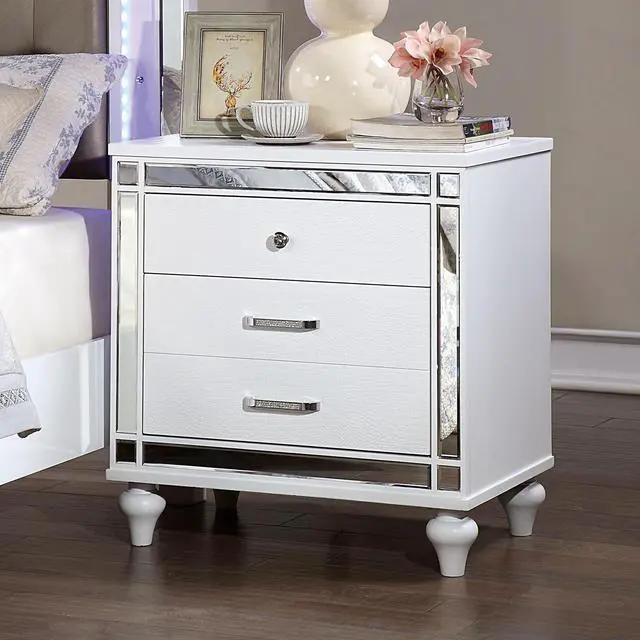 Alt view image 4 of 7 - White Color 1Pc Nightstand Beautiful Crocodile-Textured Bedside Table Mirror Trim Felt-Lined Top Drawers Bedroom Furniture