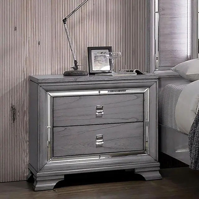 Alt view image 4 of 6 - Contemporary Light Gray 1Pc Nightstand Solidwood Dovetail Drawers Bedroom Furniture Bedside Table Acrylic Pulls Mirror Trim