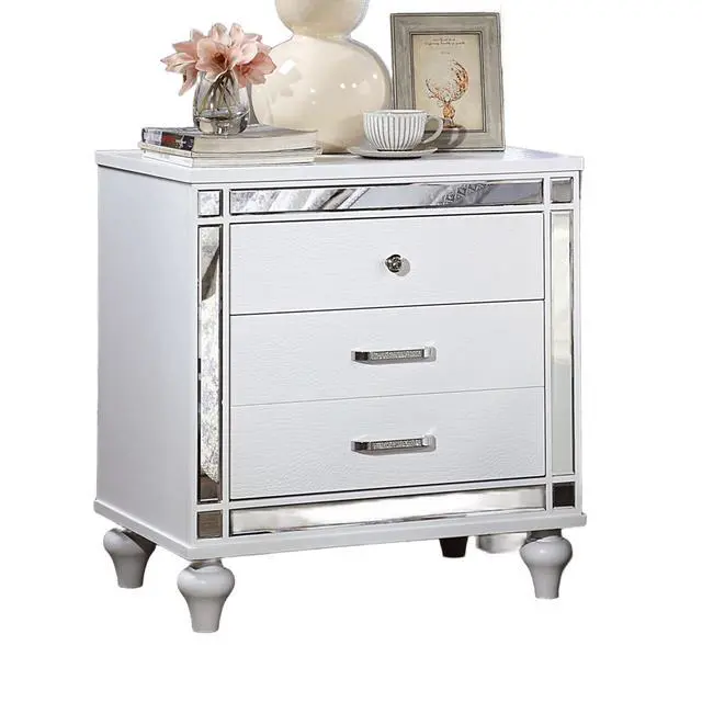 Alt view image 5 of 7 - White Color 1Pc Nightstand Beautiful Crocodile-Textured Bedside Table Mirror Trim Felt-Lined Top Drawers Bedroom Furniture