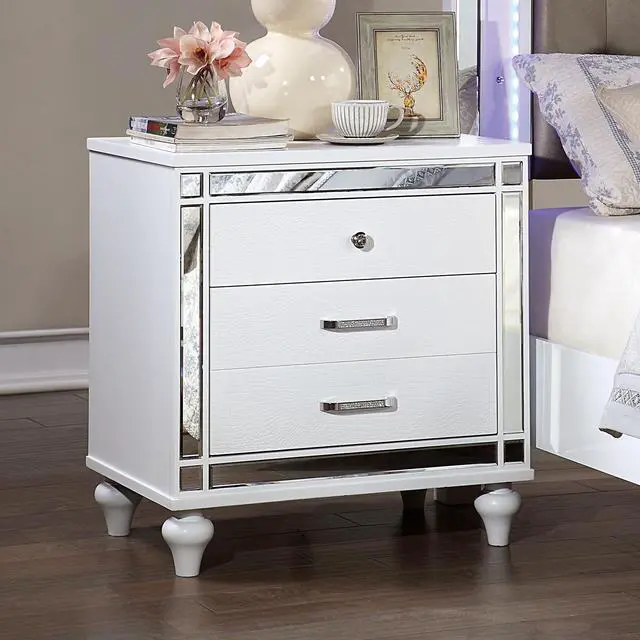 Alt view image 2 of 7 - White Color 1Pc Nightstand Beautiful Crocodile-Textured Bedside Table Mirror Trim Felt-Lined Top Drawers Bedroom Furniture