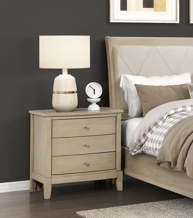 Main image of Classic Farmhouse Style Three-Drawer Nightstand Beige Finish Wooden Bedroom Furniture 1Pc Bedside Cabinet