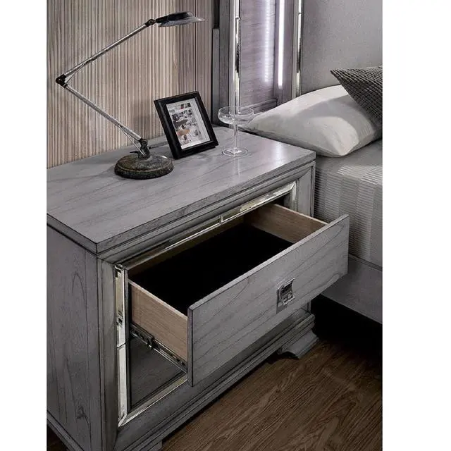 Alt view image 5 of 6 - Contemporary Light Gray 1Pc Nightstand Solidwood Dovetail Drawers Bedroom Furniture Bedside Table Acrylic Pulls Mirror Trim