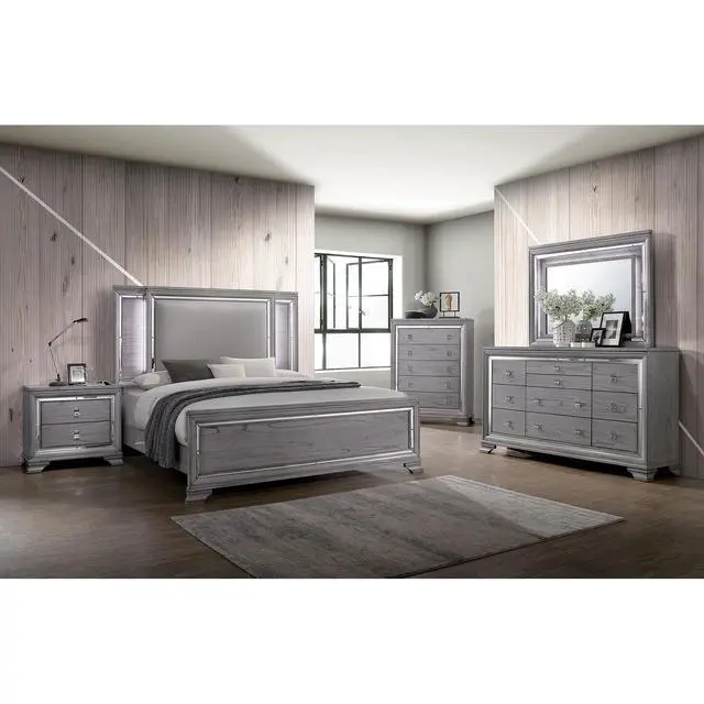Alt view image 6 of 6 - Contemporary Light Gray 1Pc Nightstand Solidwood Dovetail Drawers Bedroom Furniture Bedside Table Acrylic Pulls Mirror Trim