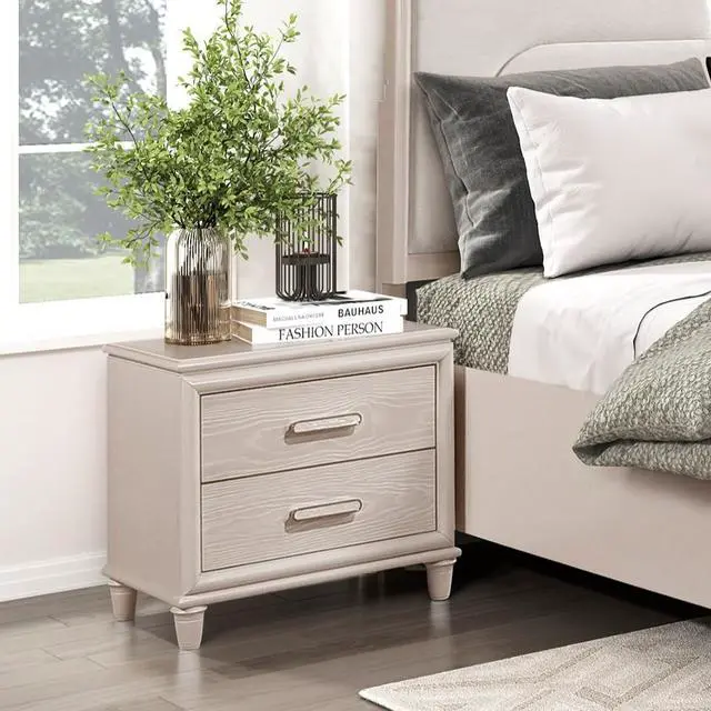 Alt view image 7 of 7 - Modern Glam Style Two-Drawer Nightstand with USB ports Wooden Bedroom Furniture 1pc Bedside Cabinet