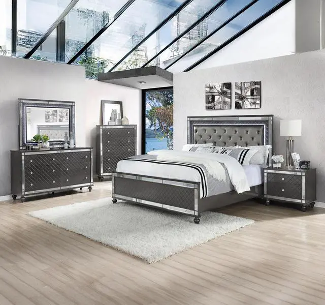 Alt view image 5 of 5 - 1Pc Glam Contemporary Style 2-Drawer Nightstand End Table With Mirror Plating Tapered Legs Gray Finish Bedroom Solid Wood Wooden Furniture