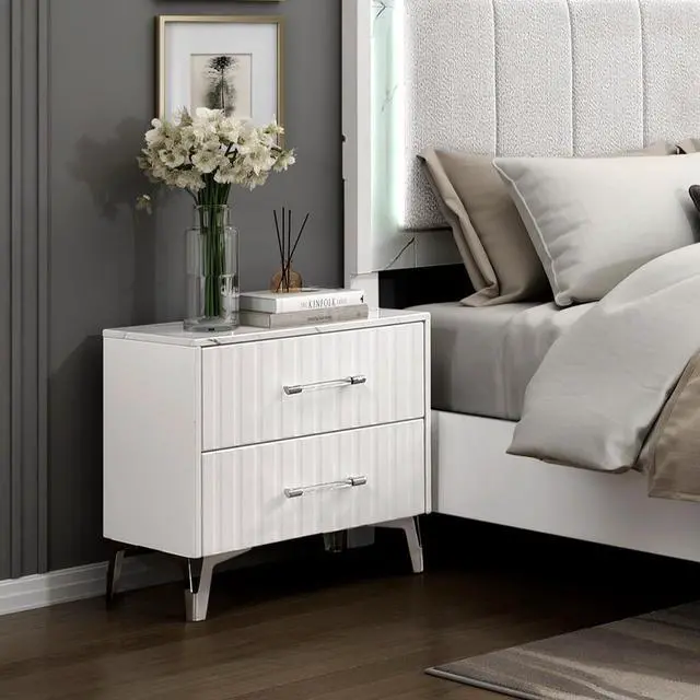 Main image of Glam White Nightstand Of 2X Storage Drawers Faux Marble Laminated Top Chrome Metal Legs Bedroom Furniture 1Pc