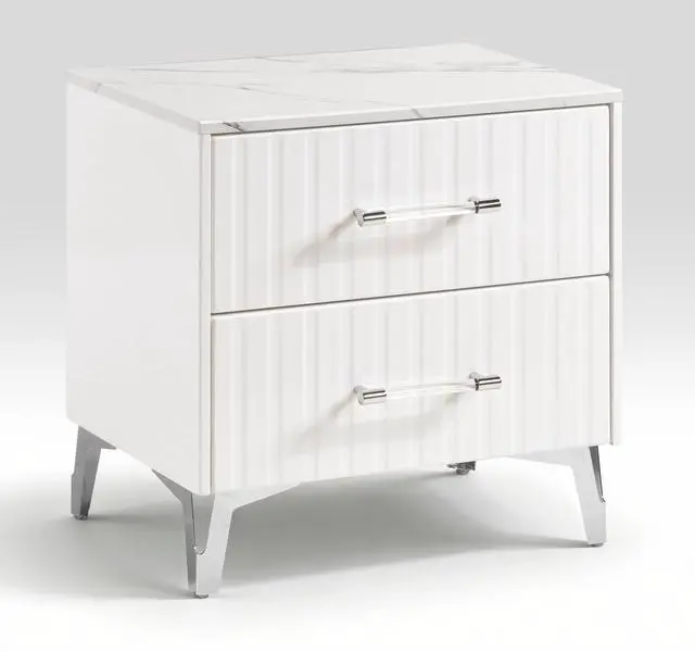 Alt view image 3 of 7 - Glam White Nightstand Of 2X Storage Drawers Faux Marble Laminated Top Chrome Metal Legs Bedroom Furniture 1Pc