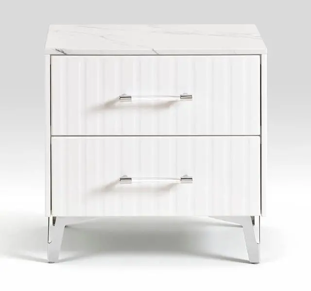 Alt view image 2 of 7 - Glam White Nightstand Of 2X Storage Drawers Faux Marble Laminated Top Chrome Metal Legs Bedroom Furniture 1Pc