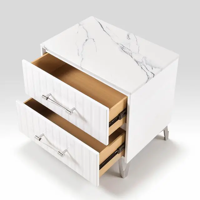 Alt view image 5 of 7 - Glam White Nightstand Of 2X Storage Drawers Faux Marble Laminated Top Chrome Metal Legs Bedroom Furniture 1Pc