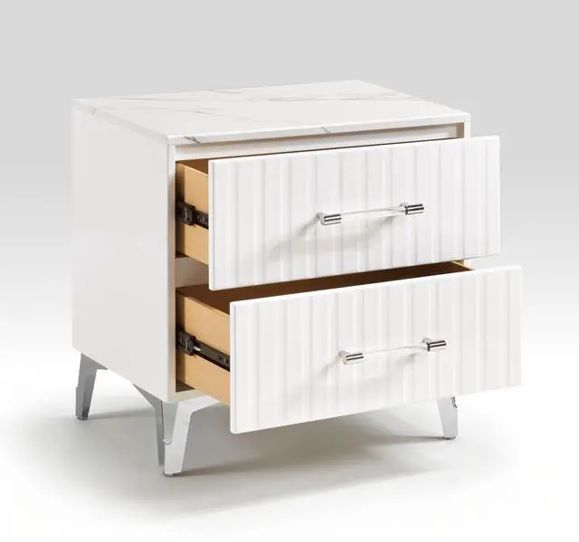 Alt view image 4 of 7 - Glam White Nightstand Of 2X Storage Drawers Faux Marble Laminated Top Chrome Metal Legs Bedroom Furniture 1Pc