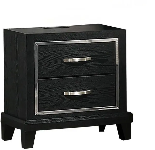 Main image of Contemporary Style 1Pc Nightstand Chrome Handles Tapered Legs Usb Port Black Finish Bedroom Furniture