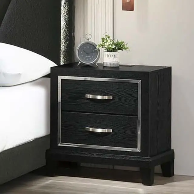 Alt view image 4 of 5 - Contemporary Style 1Pc Nightstand Chrome Handles Tapered Legs Usb Port Black Finish Bedroom Furniture
