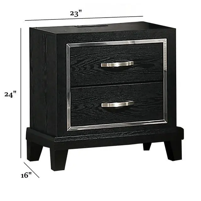 Alt view image 3 of 5 - Contemporary Style 1Pc Nightstand Chrome Handles Tapered Legs Usb Port Black Finish Bedroom Furniture