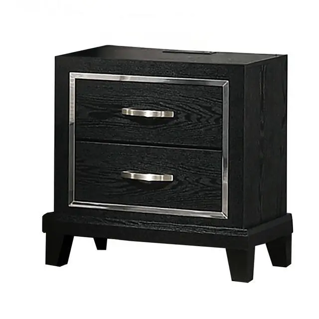 Alt view image 5 of 5 - Contemporary Style 1Pc Nightstand Chrome Handles Tapered Legs Usb Port Black Finish Bedroom Furniture