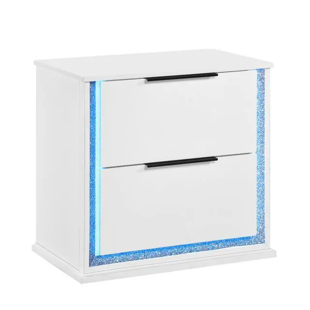 Alt view image 6 of 7 - Contemporary Glam White Finish Nightstand With Two Drawers Led Light 8-Colors Bedroom Furniture 1Pc Bedside Cabinet
