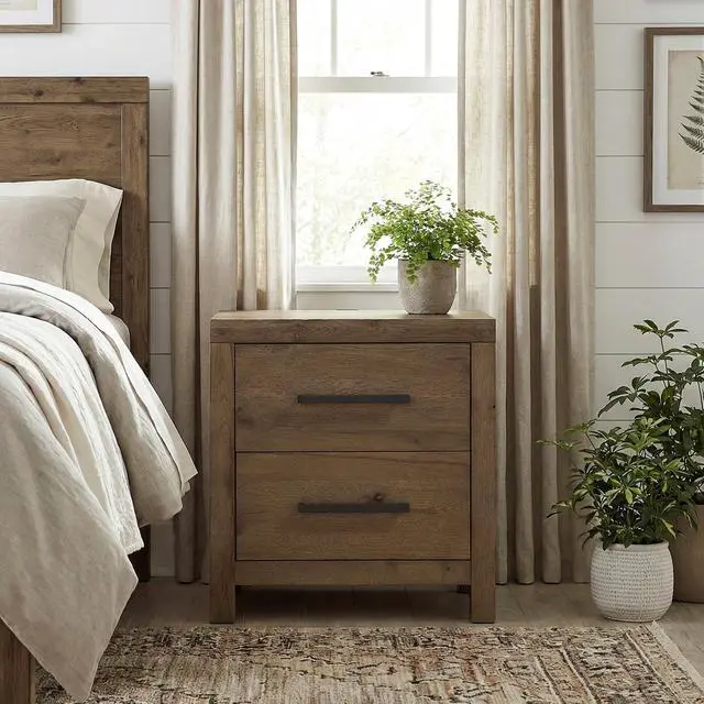 Main image of Rustic Modern Brown Nightstand with Charging Ports Bulit-in USB Sturdy Frame Drawers Bedroom Furniture 1pc Bedside Cabinet