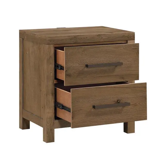 Alt view image 4 of 7 - Rustic Modern Brown Nightstand with Charging Ports Bulit-in USB Sturdy Frame Drawers Bedroom Furniture 1pc Bedside Cabinet