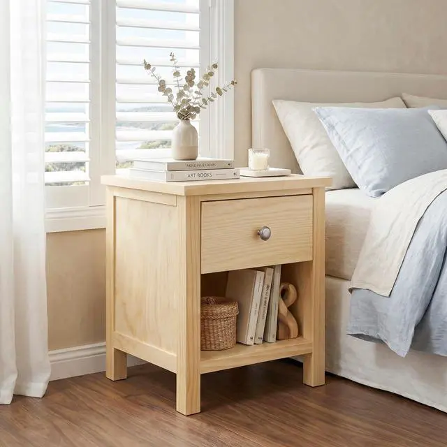 Alt view image 2 of 7 - 1-Drawer Nightstand With Storage Cubby Natural Pine Finish Wooden Bedroom Furniture 1Pc Bedside Table