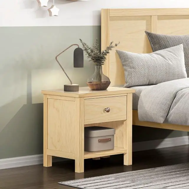 Alt view image 7 of 7 - 1-Drawer Nightstand With Storage Cubby Natural Pine Finish Wooden Bedroom Furniture 1Pc Bedside Table