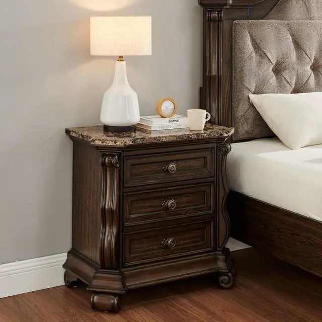 Main image of Dark Cherry Formal Traditional Nightstand With Faux Marble Top, Solid Wood Carvings 3-Drawer Bedside Table