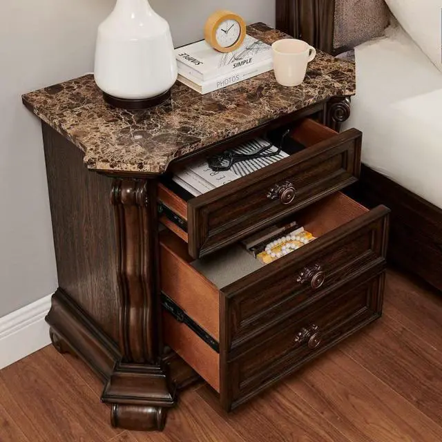 Alt view image 2 of 7 - Dark Cherry Formal Traditional Nightstand With Faux Marble Top, Solid Wood Carvings 3-Drawer Bedside Table