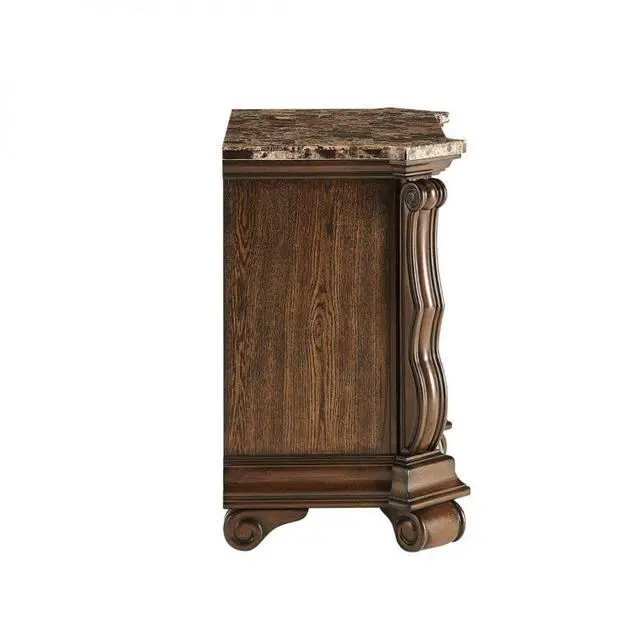 Alt view image 4 of 7 - Dark Cherry Formal Traditional Nightstand With Faux Marble Top, Solid Wood Carvings 3-Drawer Bedside Table