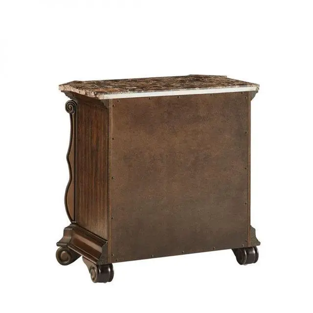 Alt view image 6 of 7 - Dark Cherry Formal Traditional Nightstand With Faux Marble Top, Solid Wood Carvings 3-Drawer Bedside Table