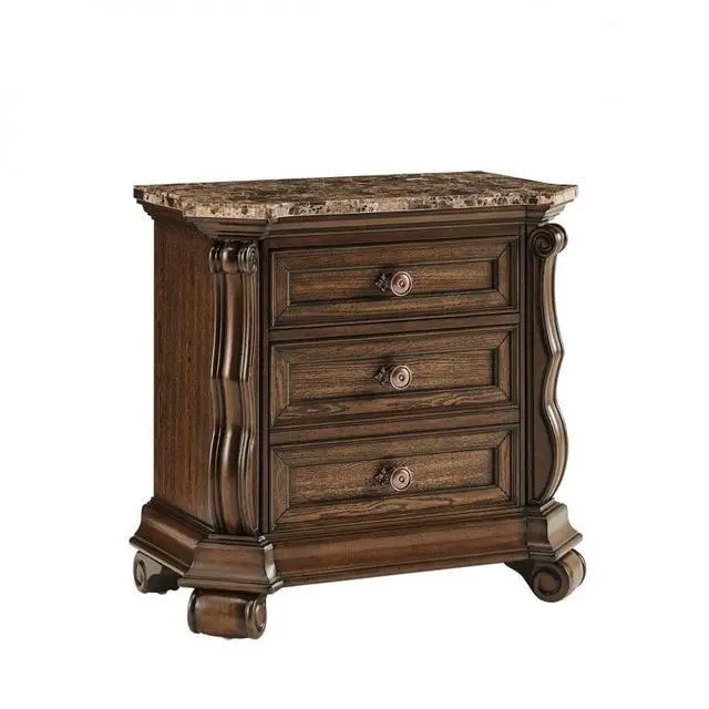 Alt view image 5 of 7 - Dark Cherry Formal Traditional Nightstand With Faux Marble Top, Solid Wood Carvings 3-Drawer Bedside Table