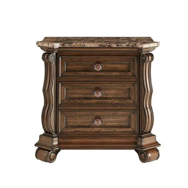 Alt view image 3 of 7 - Dark Cherry Formal Traditional Nightstand With Faux Marble Top, Solid Wood Carvings 3-Drawer Bedside Table