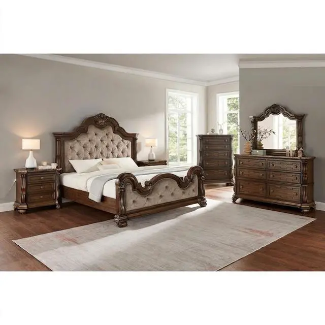 Alt view image 7 of 7 - Dark Cherry Formal Traditional Nightstand With Faux Marble Top, Solid Wood Carvings 3-Drawer Bedside Table