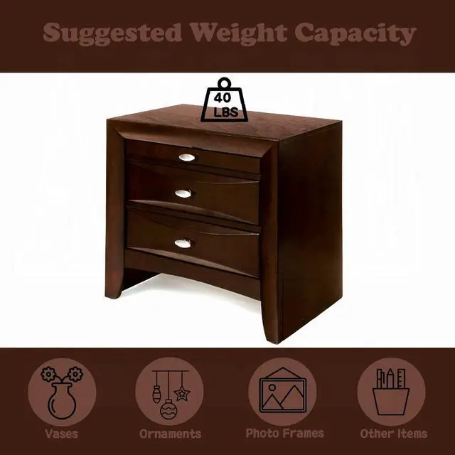 Alt view image 4 of 5 - Wooden Nightstand With 2 Drawers And 1 Tray, Espresso