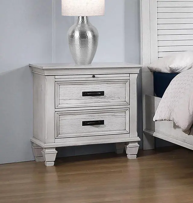 Alt view image 2 of 5 - Mdf Nightstand With 2 Drawers In Distressed White Finish