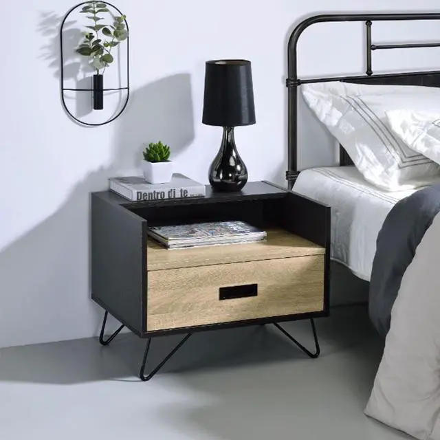 Alt view image 2 of 6 - One Drawer Nightstand With Open Compartment, Oak And Black