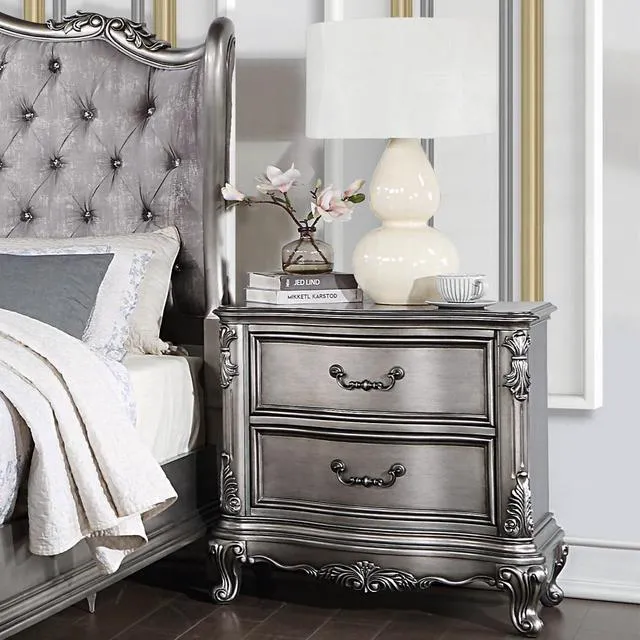 Alt view image 2 of 6 - Wooden Nightstand With 2 Drawers In Antique Platinum Finish