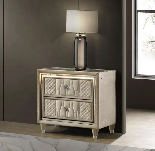 Alt view image 2 of 7 - 2-Drawer Led Nightstand With Dual Usb, Ivory And Camel