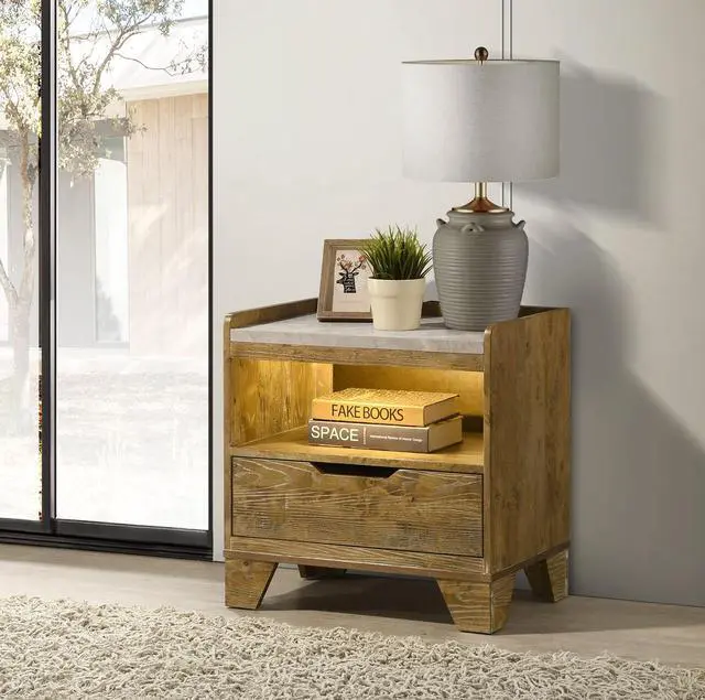 Alt view image 2 of 7 - 1-Drawer Nightstand With Integrated Led, Medium Oak