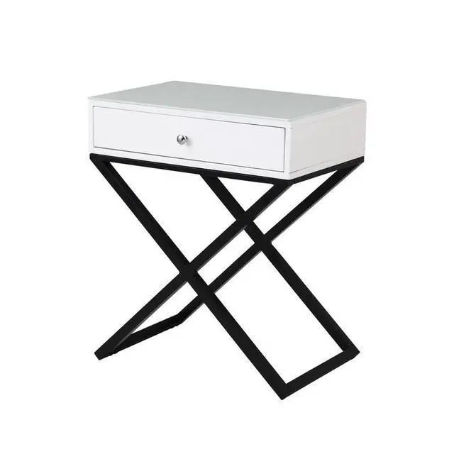 Alt view image 2 of 6 - Koda 23" White Wooden End Side Table Nightstand With Glass Top, Drawer And Metal Cross Base