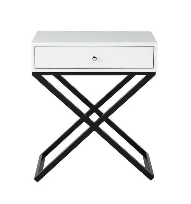 Alt view image 3 of 6 - Koda 23" White Wooden End Side Table Nightstand With Glass Top, Drawer And Metal Cross Base