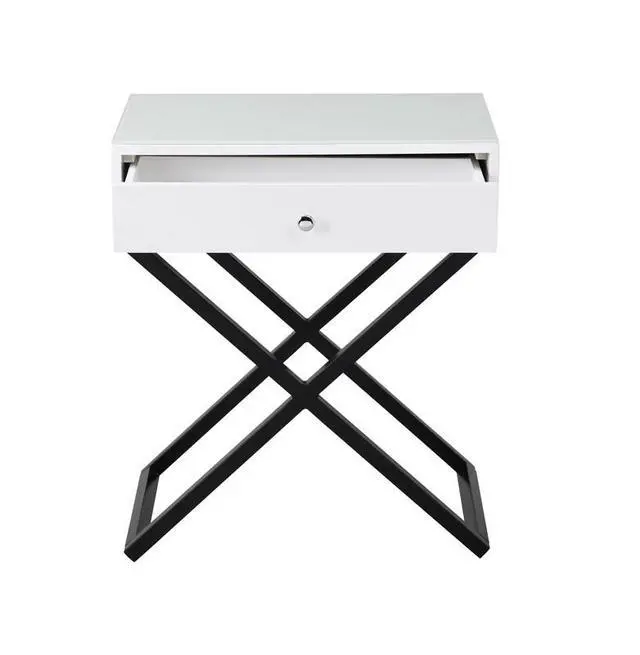 Alt view image 4 of 6 - Koda 23" White Wooden End Side Table Nightstand With Glass Top, Drawer And Metal Cross Base