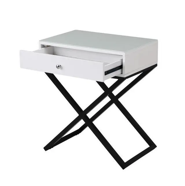 Alt view image 5 of 6 - Koda 23" White Wooden End Side Table Nightstand With Glass Top, Drawer And Metal Cross Base