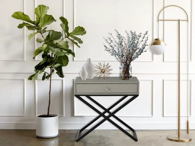 Main image of Koda 23" Taupe Wooden End Side Table Nightstand With Glass Top, Drawer And Metal Cross Base