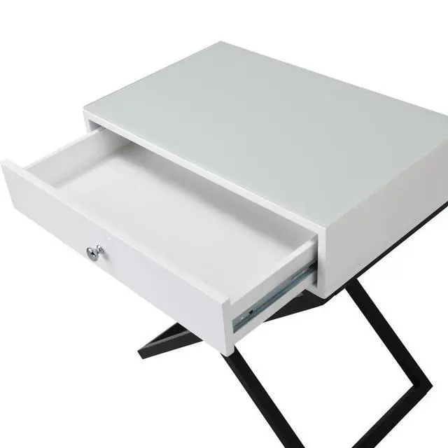 Alt view image 6 of 6 - Koda 23" White Wooden End Side Table Nightstand With Glass Top, Drawer And Metal Cross Base