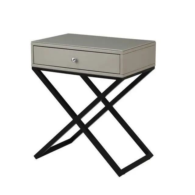 Alt view image 2 of 6 - Koda 23" Taupe Wooden End Side Table Nightstand With Glass Top, Drawer And Metal Cross Base
