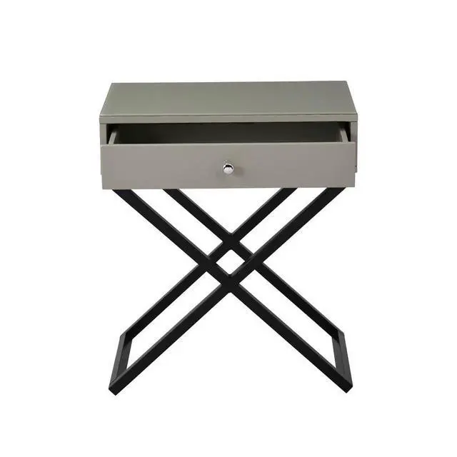 Alt view image 4 of 6 - Koda 23" Taupe Wooden End Side Table Nightstand With Glass Top, Drawer And Metal Cross Base