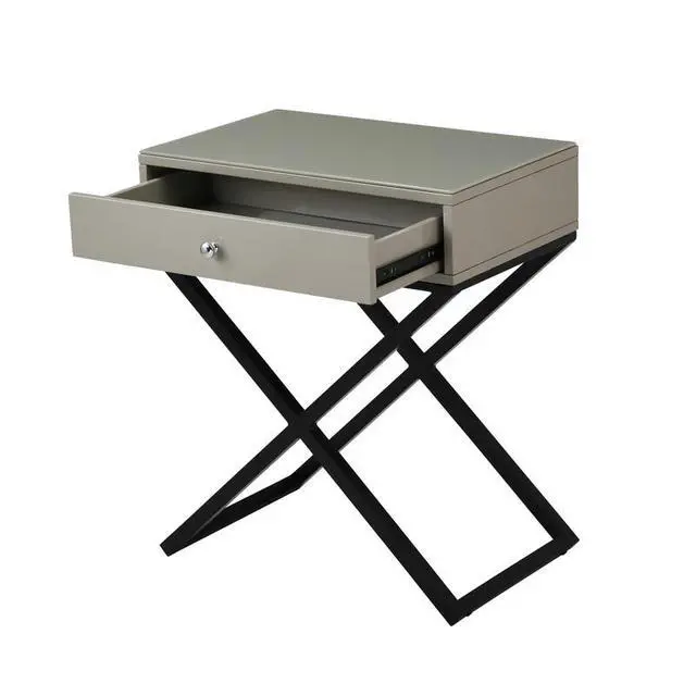 Alt view image 5 of 6 - Koda 23" Taupe Wooden End Side Table Nightstand With Glass Top, Drawer And Metal Cross Base