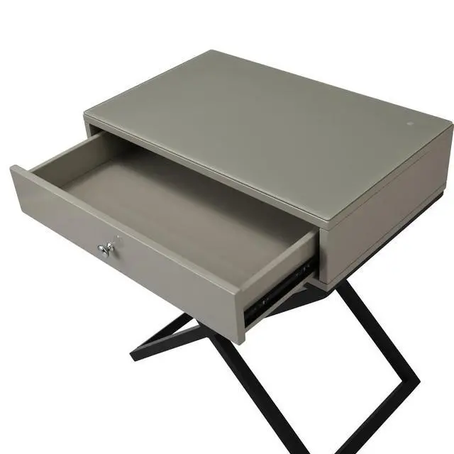 Alt view image 6 of 6 - Koda 23" Taupe Wooden End Side Table Nightstand With Glass Top, Drawer And Metal Cross Base