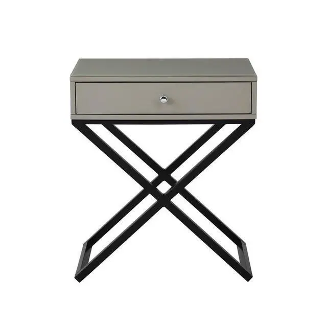 Alt view image 3 of 6 - Koda 23" Taupe Wooden End Side Table Nightstand With Glass Top, Drawer And Metal Cross Base