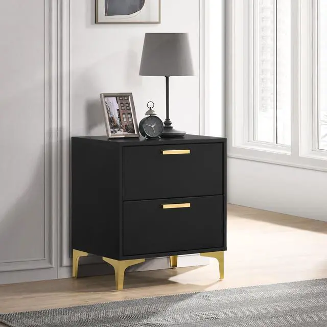 Alt view image 2 of 7 - Black And Gold 2-Drawer Rectangular Nightstand