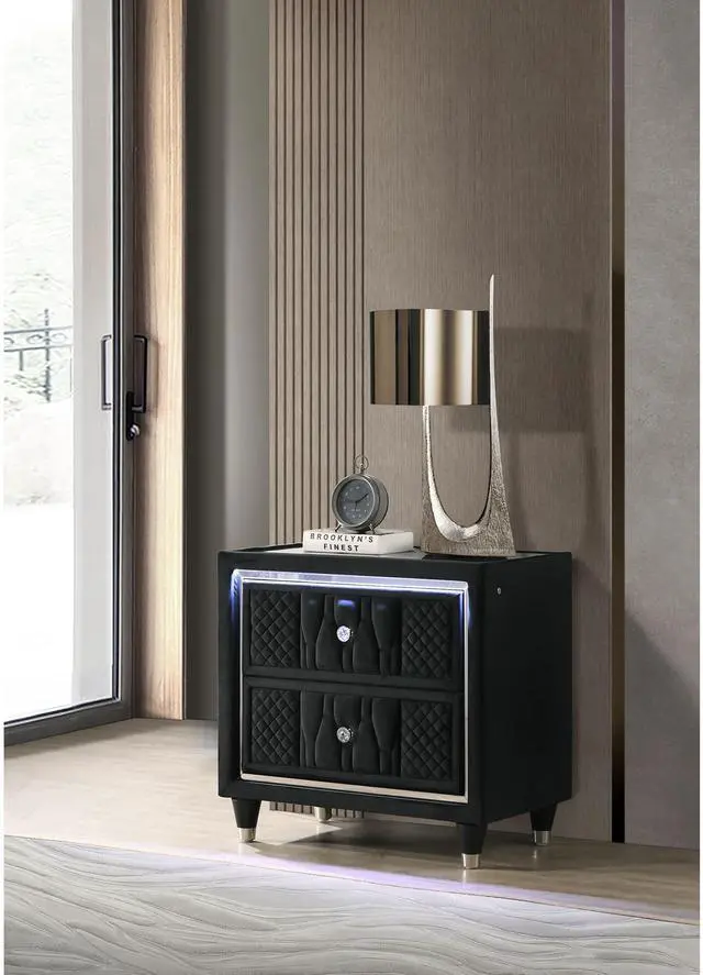 Main image of Black 2-Drawer Led Nightstand With Usb