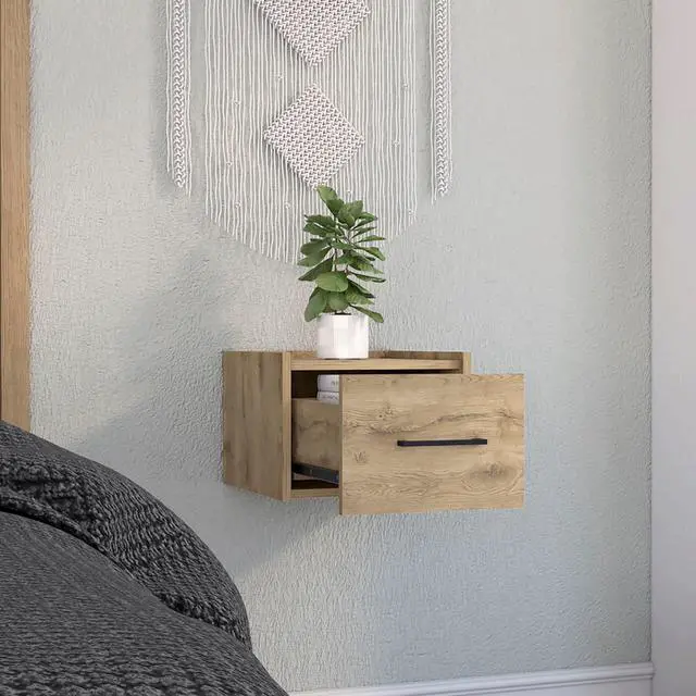 Alt view image 4 of 5 - Boa Floating Nightstand , End Table, Side Table Wall-Mounted Single Drawer Design With Handle- Macadamia - Bedroom